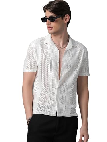 Image of Voroxy Poly Cotton Casual Loose Fit Shirts for Men with Stylish Structural Pattern Office & Formal Shirt with Branded Cuban Collar Style Half Sleeves Comfortable Wear