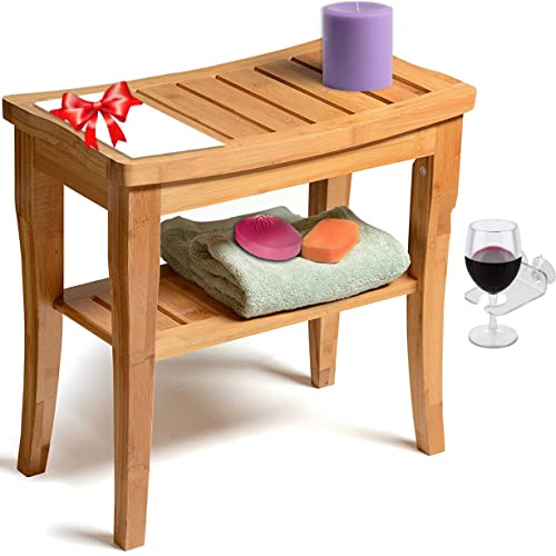 Bamboo Shower Bench Seat Spa Stool Wood Bath Deluxe Organizer Stool With Storage Shelf For Seating Chair Bathroom, Living Room, For Indoor Or Outdoor - Plus Free Value Gift Including -One Year Warranty