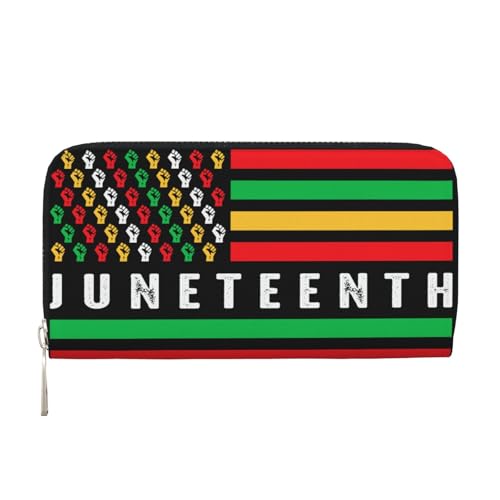 Juneteenth African American Flag Fist Womens Wallet Elegant Long Clutch Zip Around Travel Leather Coin Purse Handbag 7.9X3.9 In