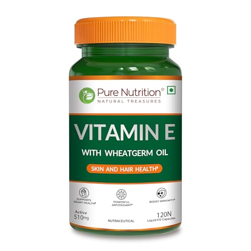 Image of Pure Nutrition Vitamin E Capsule 510mg with Wheatgerm Oil - 120 Liquid Fill Capsules | Vit E Capsule for Face, Immunity & Heart Health | Natural Antioxidant Vitamin E Supplement
