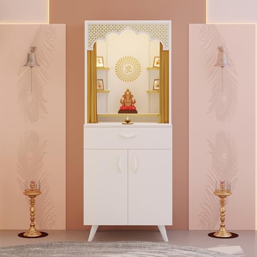 Image of BLUEWUD Sharnam Mandir, Big Size Temple for Home with Storage Cabinet, Pooja Stand, Doors, Drawer & Golden Curtain, Floor Standing Puja Room Altar for Living Room (DIY-White) (Sharnam Puja Mandir)