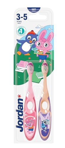 Jordan ® | Step 2 | Cepillo de dientes para niños de 3 a 5 años | Cerdas blandas, mango doble ergonómico y libre de BPA | Color morado y amarillo | Pack 2 unidades