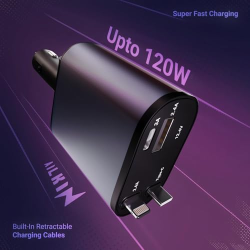 Image of AILKIN 120W 4 in 1 Retractable Car Charger,Car Phone Charger, Retractable Cables & 2 USB Ports Car Adapter for Android Phones & iPhone 17 /16 /15 /14 /13 /12 /11 Pro Max,Xr,Ipad & Other Smartphones