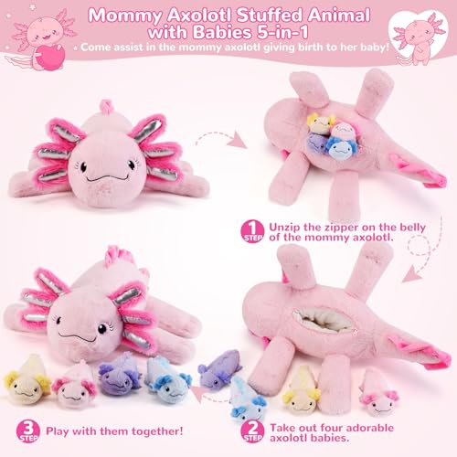 Image of 5 Pieces Axolotl Stuffed Animals with Babies Inside Belly - 1 Mommy Stuffed Axolotl with 4 Babies - Pink Axolotls Plush Toy for Kid Age 3-8, Gift Ideal for Christmas, Valentine's, Birthday