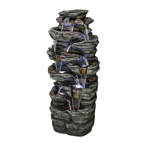 Image of SunJet 47.2 inch High Multi-Tiers Cascading Rock Outdoor Water Fountain with LED Lights - Large Outdoor Resin Fountains and Waterfalls for Garden or Patio, Yard, Deck Decor, Featuring Natural Stone Look