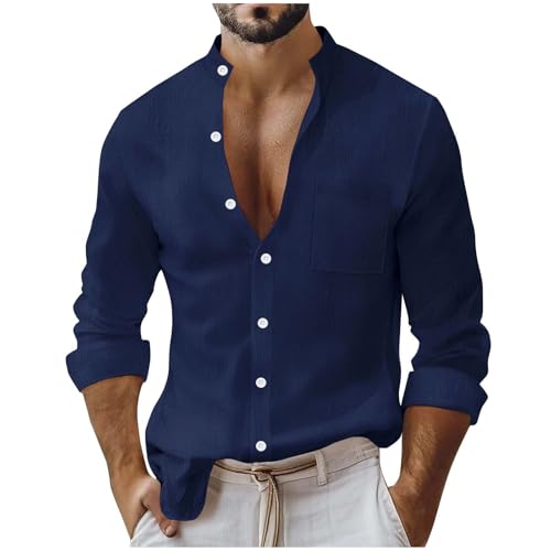 Cambkatl Cotton Linen Shirts for Men 2025 Fall Loose Long Sleeve Button Down Business Casual Banded Collar Shirt