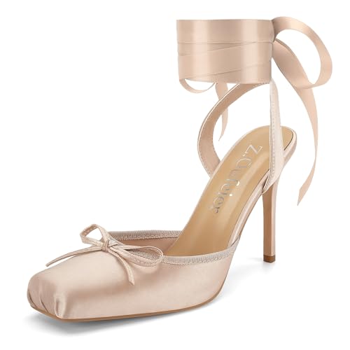 Women's Satin Ballet Heels Ballerina Bow Closed Square Toe Strappy Stiletto High Slingback Lace Up Ankle Strap Wrap Around Spiral Mary Janes Pumps Dress Shoes(Pale Light Pink,9.5)