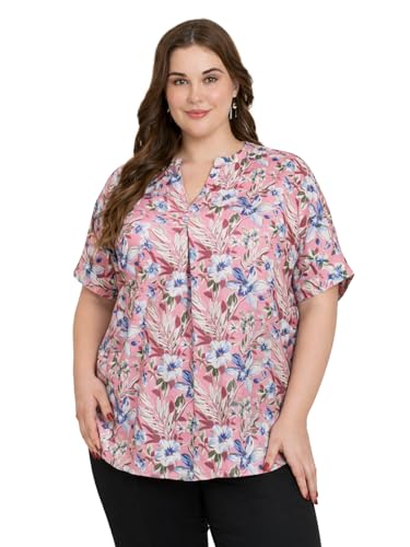 Image of SINDOORI Relaxed Fit Tops for Women Plus Size Solid Printed Mandarin Collar, Band Collar, V-Neck Top, Half Sleeve Loose Fit