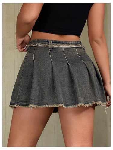 WDIRARA Women's Plus Size Pleated Mini Denim Skirt Y2k Frayed Hem A Line Skirt3