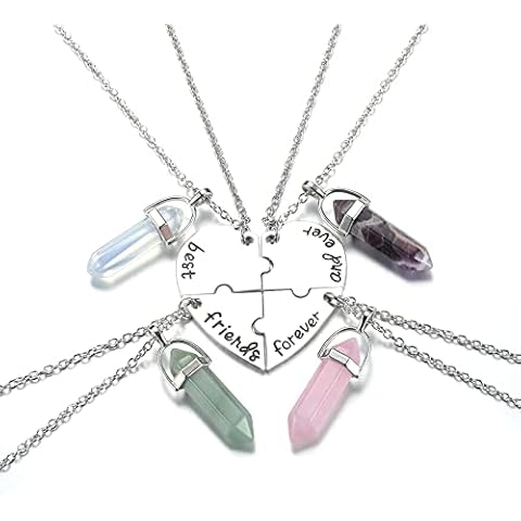 JSDDE Natural Crystals Best Friends Forever and Ever BFF Necklace Engraved Puzzle Friendship Heart Pendant Necklaces Jewellery (4pcs/Set) Cover