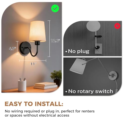 Image of Battery Operated Wall Sconce Set of 2, Rechargeable Wall Sconces with 10000mAh Dimming Magnetic Bulb, Wireless Battery Powered Wall Lights with Pleated for Bedroom Living Room Gallery Hallway,Black