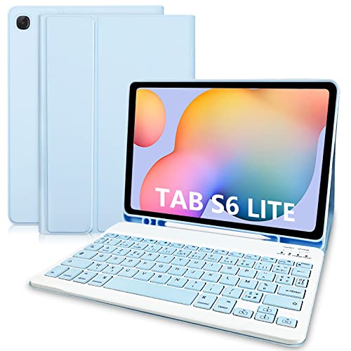 YUEJIDZ Coque Français Clavier pour Tab S6 Lite, Clavier Bluetooth AZERTY avec éTui de Protection en Cuir Intelligent pour 10.4'' Samsung Galaxy Tab S6 Lite 2020/2022(P610/P615/P613/P619),Bleu Clair Cover