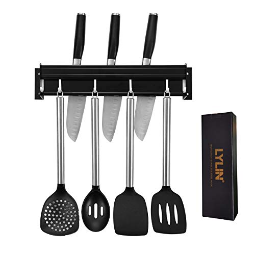 LYLIN Porte Ustensiles Cuisine, Porte Casseroles Mural avec 6 Crochets Coulissants Porte Serviette Porte Ustensile Support Range Couteaux pour Cuisine (Noir)