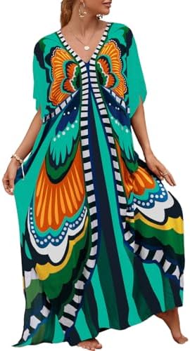 Bsubseach Women Loose Colorful Beach Cover Up Kaftan Dress Short Sleeve Swimsuit Cover Ups