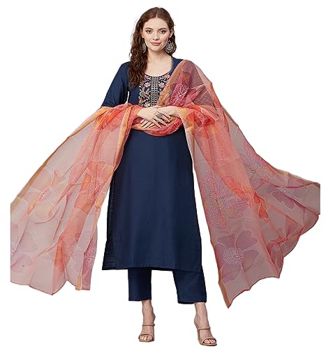Image of GoSriKi Women's Cotton Blend Straight Embroidered Kurta with Pant & Dupatta