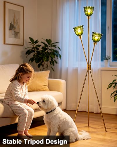 Image of 3-Light Tripod Glass Floor Lamp, Gold Standing Lamp with Green Tulip Lace Glass Shade, Rotary Dimmable LED Floor Lamp for Living Room Bedroom Home Office Sofa Beside Corner Decor, Bulb Included