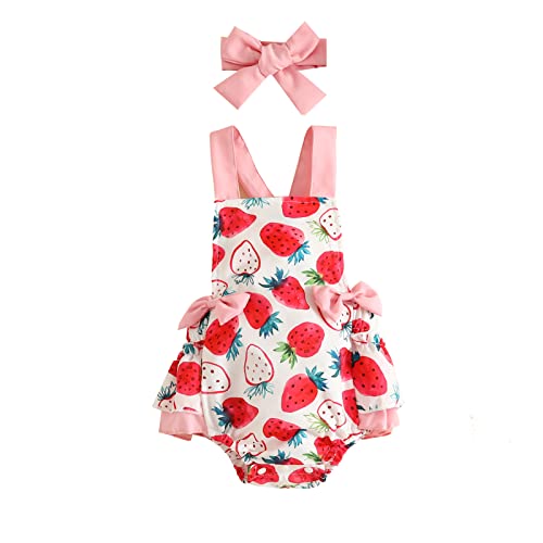 Strawberry Outfit Baby Girl: Berry First Birthday Outfits Newborn Photoshoot Cake Smash Baby Boho Romper Sunsuit Toddler Infant Summer Holiday Clothes Pink Strawberry 9-12 Months