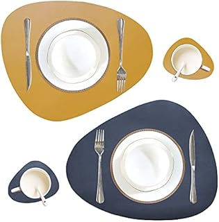 4Pcs Leather Placemats with Coasters Dual-Sided Unique Oval Table Mats (Navy Blue + Yellow)