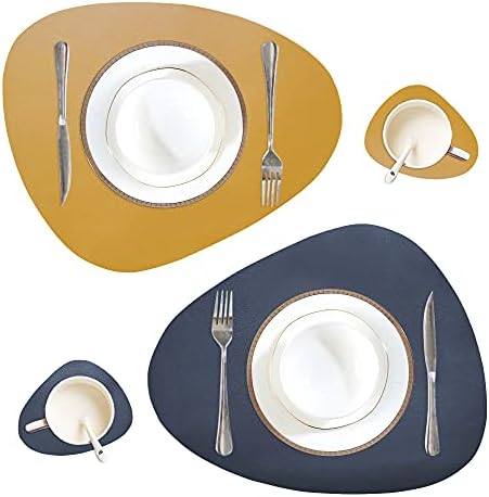 4Pcs Leather Placemats with Coasters Dual-Sided Unique Oval Table Mats Upgraded PU and Color (Navy Blue + Yellow)