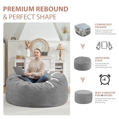 4FT Bean Bag Chair, Large Bean Bag Chairs with Memory Foam Filled, Fluffy Beanbag Sofa with Dutch Velvet Cover, Round BeanBag Chairs for Living Room, Playroom - Light Grey