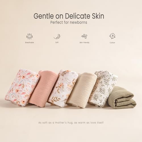 Image of lulumoon Muslin Swaddle Blankets for Baby: Lightweight & Breathable Receiving Blankets for Hospital - Neutral Registry Gift for Newborn 3pack (WhitePinkFlower)