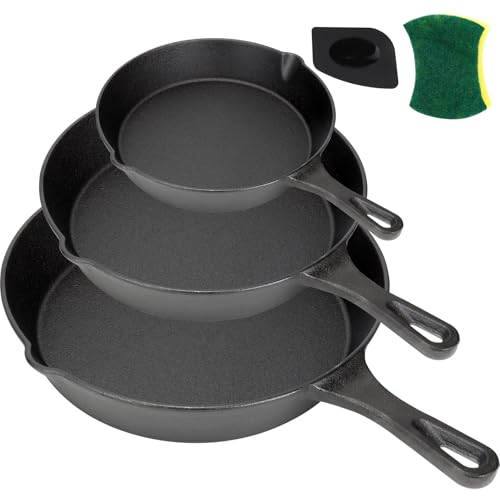 Set of 3 Preseason Cast Iron Skillets, Cast Iron Induction Frying Pan Set with 6 Inch, 8 Inch and 10 Inch Saute Fry Pans, Pizza, Oven Safe (Black)