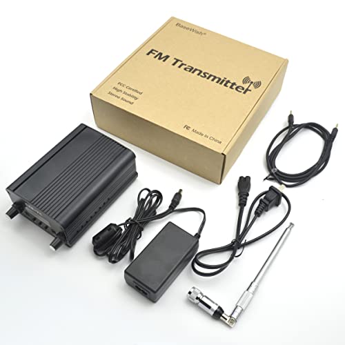 BaseWish 7W 1W FM Transmitter, Mini Radio Stereo Station PLL LCD with Antenna and 3.5mm Audio Cable, for Drive-in Church SuperMarket School, Black