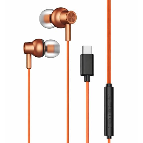 Image of Kratos Tune V6 C Type Earphones Wired, Deep Bass Drivers Earphone, Inline Control Type c Headphones with Mic, Comfort Fit Type c Earphone with Volume Control,Metallic C pin Earphones (Orange)