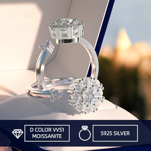 خاتم مويسانيت للنساء، مطلي بالفضة عيار 925 مع ذهب ابيض عيار 18 قيراط، الماس مويسانيت من صنع المختبر، خاتم فضة مفتوح قابل للتعديل، خاتم خطوبة، هدية مجوهرات.