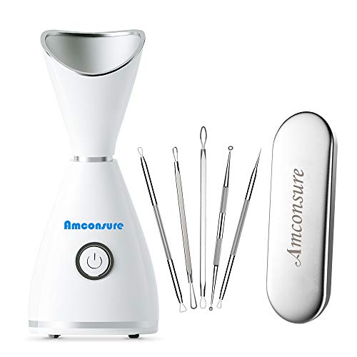 Amconsure Facial Steamer Nano Ionic Warm Mist Humidifier Atomizer Humidifier Moisturizing Face Spa Steamer 5 Piece Stainless Steel Blackhead Remover Kits