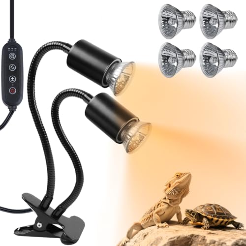 Image of LUCKY HERP Reptile Heat Lamp, Dual Head UVA UVB Reptile Light with Cycle Timer, 360Rotatable Dimmable Aquarium Turtle Tank Basking Light with 4 Bulbs (2PCS 25W and 2PCS 50W)