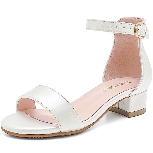 Dufannie Girls Sandals Low Heels Dress Pump Ankle Strap Open Toe Flower Girl Wedding Party for Toddler Little Big Kid, Marfil de una sola mancha, 12.5 cm