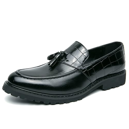 Men's Leather Platform Slip On Tassel Loafers Luxury Splicing Round Toe Lug Sole Non-Slip Dress Party Leather Shoes for Business Work Wedding Casual