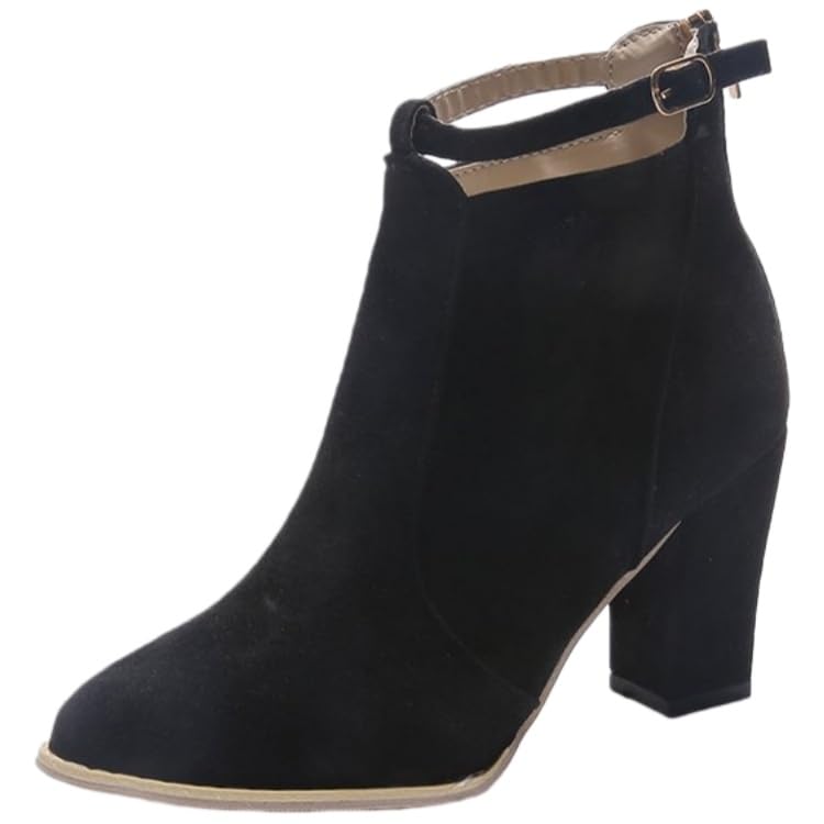 Womens ankle boots with thick heels and wide bases round toe PU upper back zipper 2-inch short boots