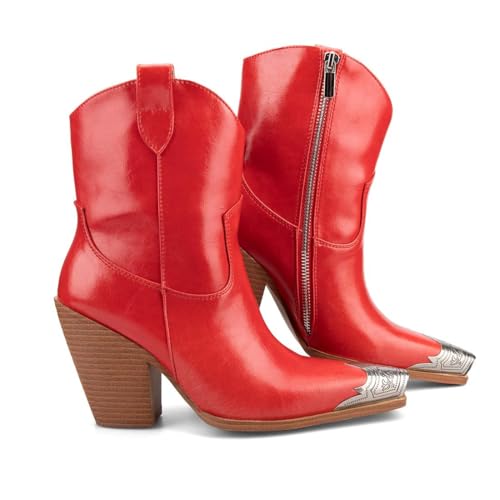Image of Cowboy Ankle Boots for Women Engraved Steel Toe Cowgirl Boots Stacked Block Heels Short Cowboy Boot Fashion Dressy Western Country Booties