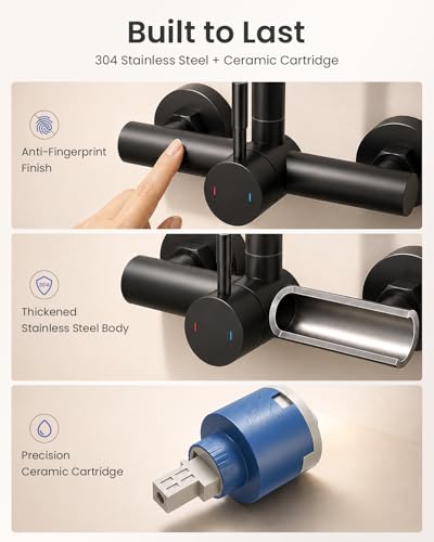 Image of Wall Mount Kitchen Faucet, 8 Inch Center, Matte Black, Lead-Free | Single Handle, 360 Swivel, NSF /ANSI /CAN 372 Lead-free, CEC /DOE 1.8 GPM, 2-hole, Spot-resistant, DIY friendly, No Deck Mess