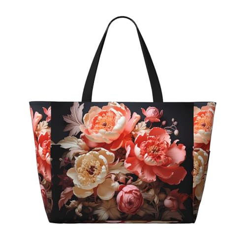 Brightly colored peonies Large Capacity Beach Travel Bag, Foldable Beach Bag with Zipper, Great for Grocery Bag Pool Gym Travel Shopping2