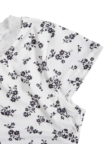 Image of RoseSeek Girl's Ditsy Floral Print Lace T Shirt Short Sleeve Ribbed Ruched Cute Tee Shirts Summer Tops