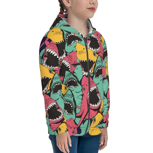 Angry Shark Pattern Kids Pullover Hoodies Boys Zip Up Sweatshirts Girls Athletic Clothes with Pocket4