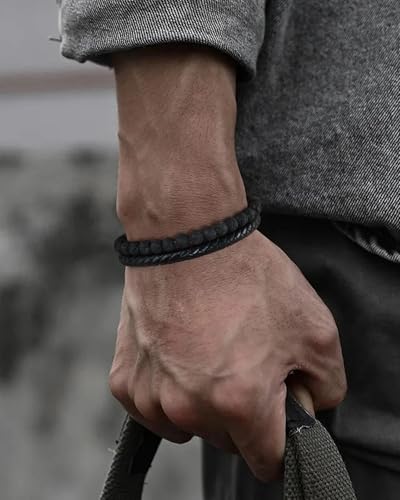 LUXEJEW Gifts for Men - Mens Bracelet, Beaded Leather Bracelets for Men 6mm Tiger Eye Lava Rock Stone Handmade Bracelets Adjustable Stainless Steel Magnetic Clasp Mens Jewelry Gifts3