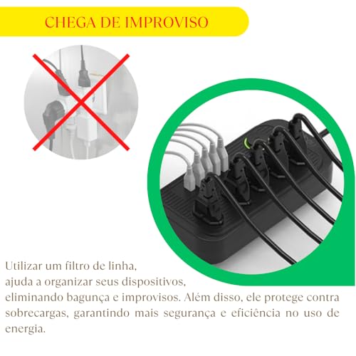 Filtro de Linha Extensão 5 Tomadas 4 Entradas USB 1 Porta Tipo Cabo de Alimentação 2 Metros Tensão d