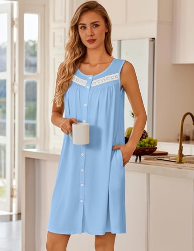 Image of Ekouaer Nightgowns for Women Button Up Sleepshirt Tank Sleeveless Nightshirt Soft Sleepwear with Pockets S-XXXL