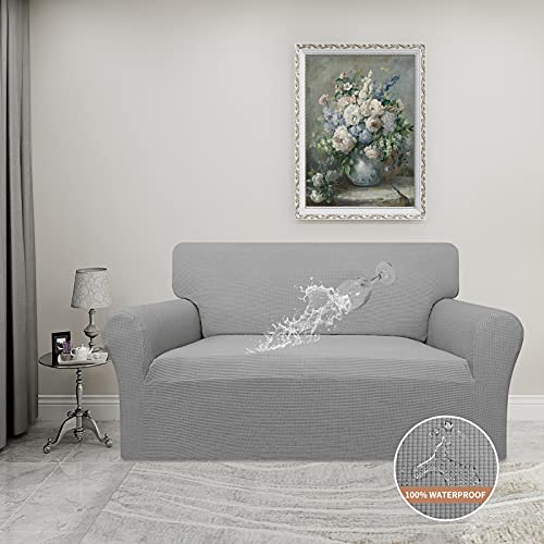 Image of Easy-Going Waterproof Loveseat Couch Cover Stretch Jacquard Sofa Cover | Dual Waterproof Sofa Slipcover, Leakproof Furniture Protector for Kids, Pets, Dog and Cat (Loveseat, Light Gray)