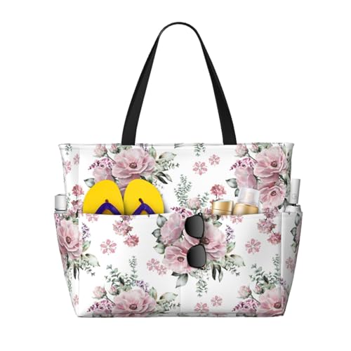 Grand sac de plage imprimé fleurs roses : sac fourre-tout pour femme