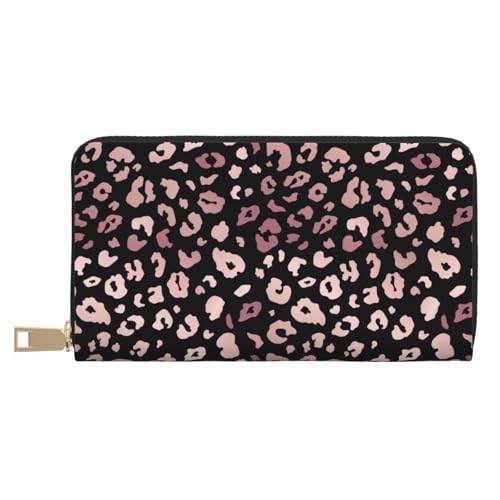Leather Thin Slim Wallets for Women & Men - Trendy Shiny Rose Gold Leopard Print Card Wallet Holder with Zipper