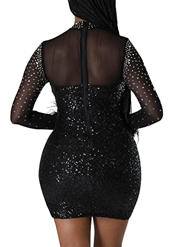 Abky Women Sexy Dress Black Long Sleeve Sparkle Rhinestone Bodycon Mini Birthday Party Club Night Dresses 2Xl Plus Size #TOP3