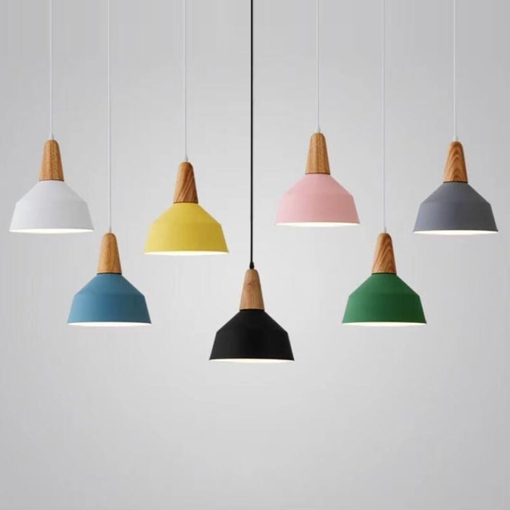 Nordic Small Chandelier Single Head Hanging Light Wood Metal Lamp(White)