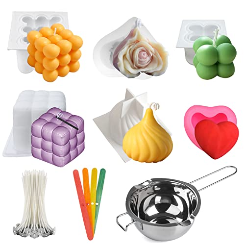Silikonform Kerze Bubble DIY, Silikon Kerzenwachs Kerzenformen Zum Gießen 3D, Kerzen Selber Machen Formen mit 50 pcs Kerzendocht und 6 pcs Kerze Dochte Halter Doppelkochtopf aus Edelstahl