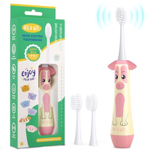 NELL&WELL Cepillo de dientes eléctrico para niños, temporizador de 2 minutos, 3 modos con memoria, impermeable IPX 7, cepillo de dientes para niños con 3 cabezales de cerdas suaves para niños y niñas