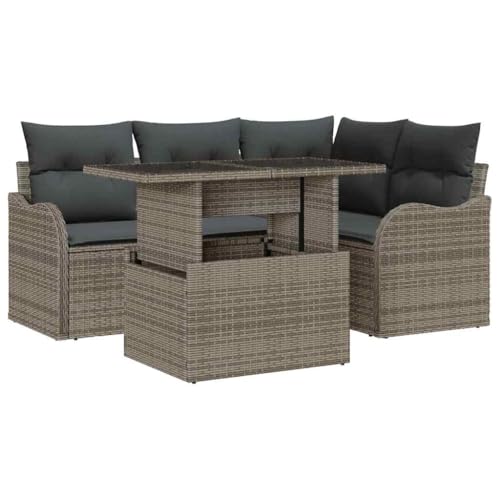 vidaXL Sofá Modular de Jardín de 5 Piezas con Cojines Grises de Rattan Sintético, Muebles de Exterior con Pies Ajustables y Diseño Tejido a Mano para Relajarse en el Patio o Terraza